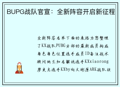 BUPG战队官宣：全新阵容开启新征程